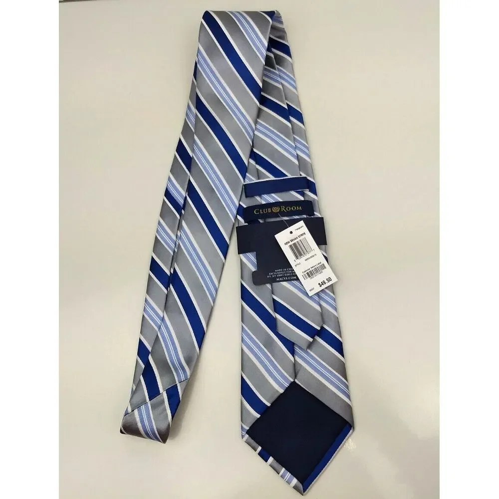 CLUB‎ ROOM 100% Silk Tie Estate Neckwear Seven Stripe Blue White Silver NWT